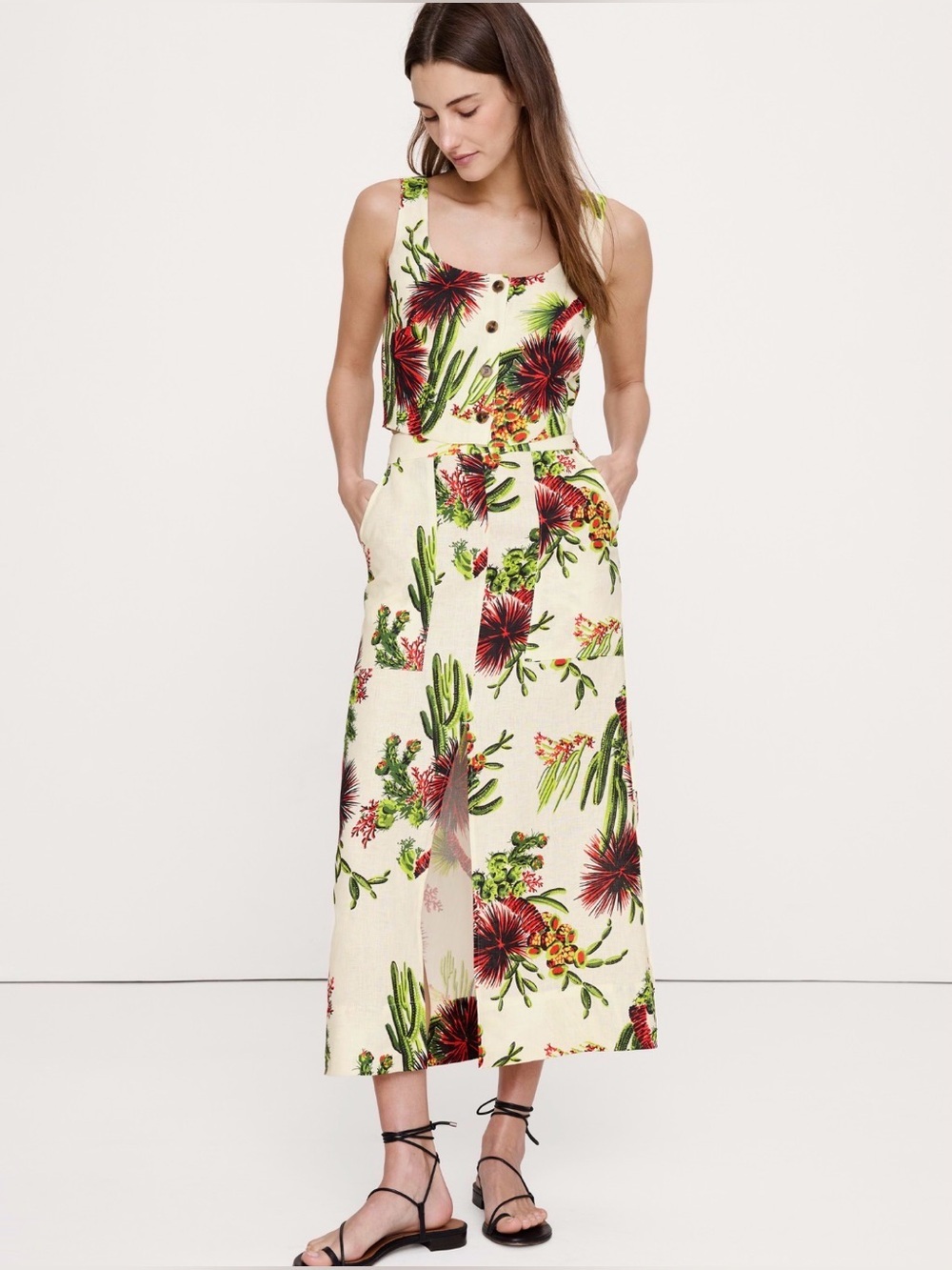 NWT Banana Republic Linen Slit Midi Pink Cactus Flower Skirt Sz 8/P (#873163)